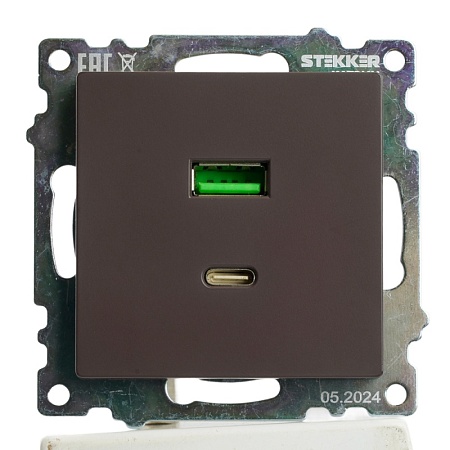 Розетка 2-местная USB + type C, STEKKER GLS10-7116-04, 250В, 3А, max 20W,серия Катрин, шоколад - фото