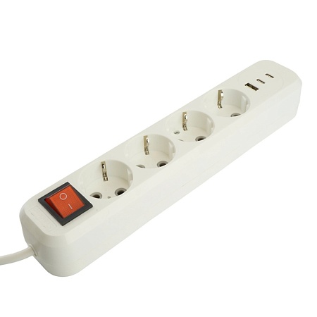 Удлинитель 4-местный с/з с выключ. STEKKER HM071-41-03 3x1мм2, 3м, 250В, 16А, 1USB+2C, 2.4A, сер Home, белый - фото