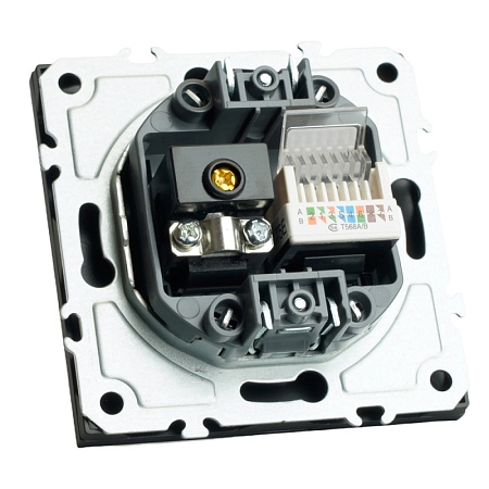 Розетка TV + компьютерная RJ-45 (механизм), STEKKER, RST00-5106-05, серия Эмили, черный уголь, soft touch - фото