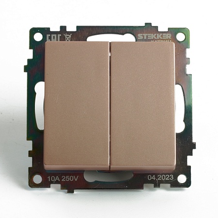 Переключатель2-клавишный (механизм), STEKKER GLS10-7107-02, 250V, 10А, серия Катрин, шампань - фото