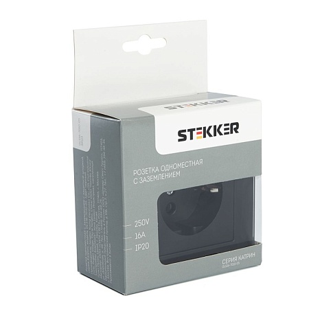 Розетка 1-местная с защитной шторкой с/з STEKKER GLS16-7010-05, 250В, 16А, черный - фото