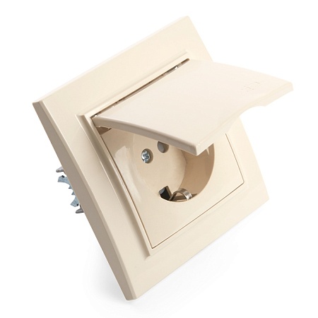 Розетка 1-местная с/з с крышкой, STEKKER, PST16-9012-02, 250В,16А с защитной шторкой, серия Эрна, слоновая кость - фото