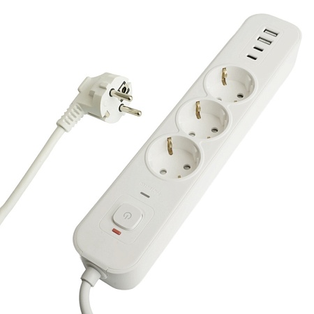 Сетевой фильтр 3-местный с/з STEKKER 3x1мм2, 5 м, 250В, 16А, 2 USB-A+2 Type-C 3, серия Nova, белый - фото