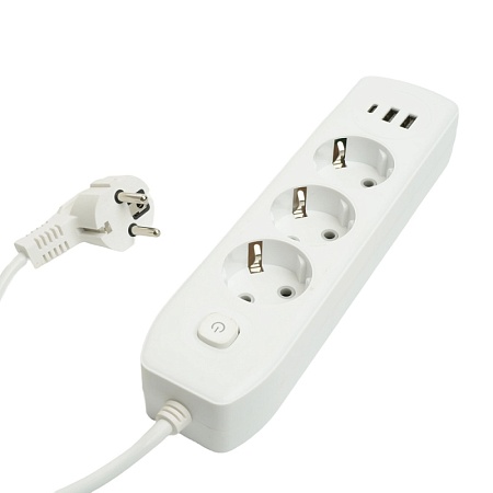 Удлинитель 3-местный c/з 3x1 мм2, 3 м, 250В, 10А, 2USB+1Type-C 2,4А, серия Home plus, белый STEKKER HM08-33-02 - фото