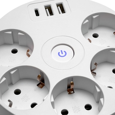 HM10-51-01 Удлинитель 5-местный с/з, 3x1мм2, 2.5м, 250В, 16А, 2USB+С 5V 3,1А, серия Comfort, белый - фото