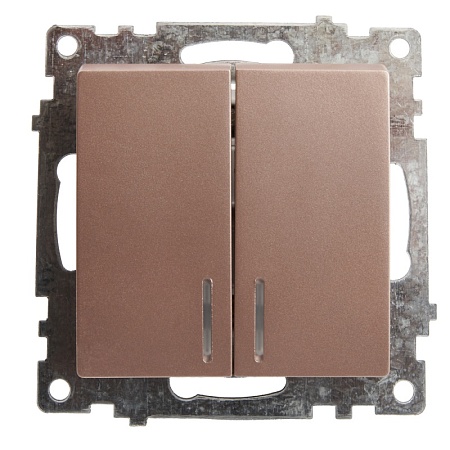 Выключатель 2-клавишный c индикатором (механизм), STEKKER GLS10-7102-02, 250В, 10А, серия Катрин, шампань - фото