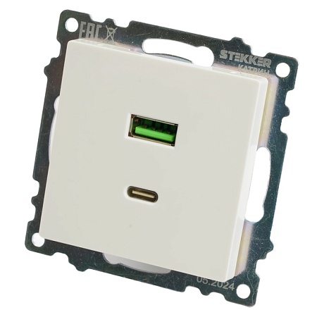 Розетка USB 2-местная + type C (механизм), STEKKER GLS10-7116-01, 250В, 3А, max 20W, серия Катрин, белый - фото