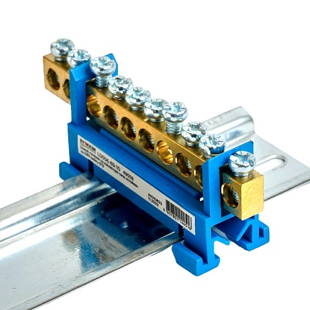 Шина "N" на изоляторе STEKKER 6*9 тип "стойка" на DIN-рейку 10 выводов, синий, LD556-69-10 - фото