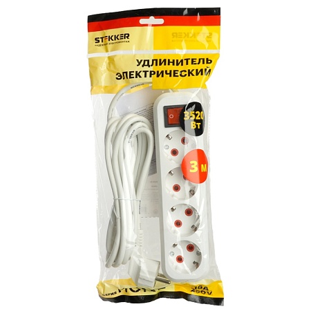 Удлинитель четырехместный с/з  с выключ. STEKKER HM07-41-03 3x1мм2, 3м, серия Home (У16А-003), белый - фото