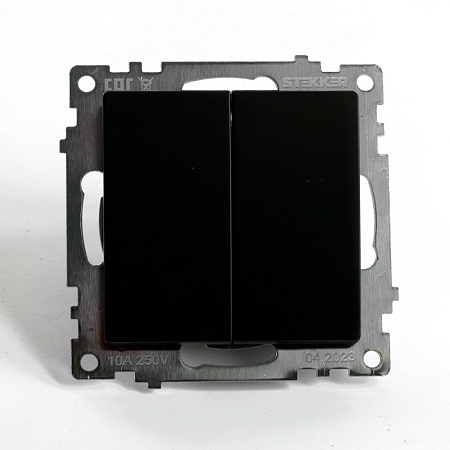 Переключатель 2-клавишный (механизм), STEKKER GLS10-7107-05, 250V, 10А, серия Катрин, черный - фото