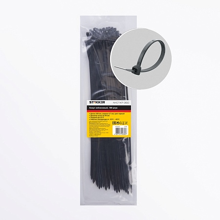 Хомут нейлоновый STEKKER NYCT47-350 4,7х350 мм, d пучка max 90 мм, нагрузка 22кг, черный, упаковка 100 шт - фото