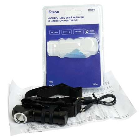 Фонарь налобный Feron TH2313 с аккумулятором 3W 1COB USB IP44, алюминий - фото