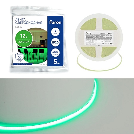 Светодиодная COB лента Feron LS630, 400SMD(2110)/ 7Вт/м 12V 5000*3*1.8мм зеленый, IP20 - фото