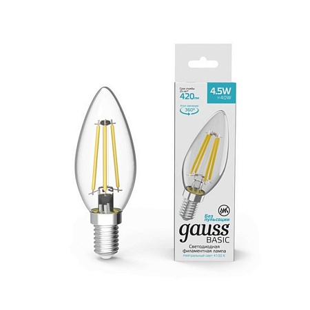 Светодиодная филаментная лампа Gauss Свеча 4,5W 420Lm 4100K E14 1031215 - фото