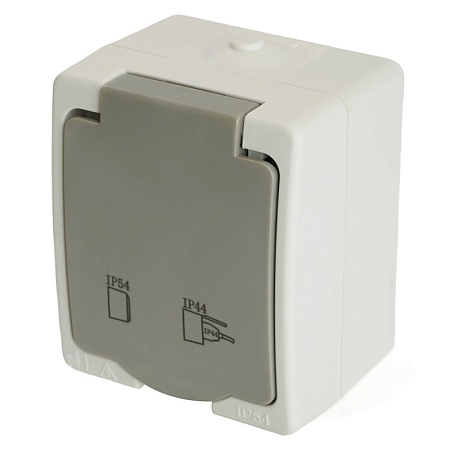 Розетка 2-местная с крышкой с/з STEKKER PST16-22-54, пластик АВS, 250В, 16А, IP54,  белый/серый - фото