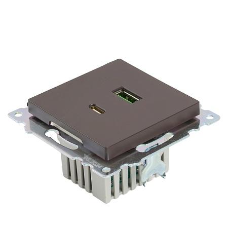 Розетка 2-местная USB + type C, STEKKER GLS10-7116-04, 250В, 3А, max 20W,серия Катрин, шоколад - фото