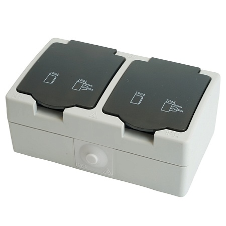 Розетка 2-местная с крышкой с/з STEKKER PST16-12-54, пластик АВS, 250В, 16А, IP54, серый/графит - фото