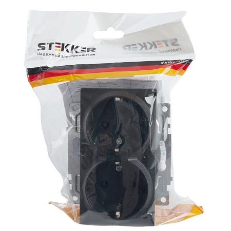 Розетка 2-местная с/з (механизм), STEKKER GLS16-7114-05, 250В, 16А с защитной шторкой, серия Катрин, черный - фото