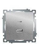 Розетка 2-местная USB + type C (механизм)), STEKKER GLS10-7116-03 , 250B, 3А, max 20W, серия Катрин, серебро
