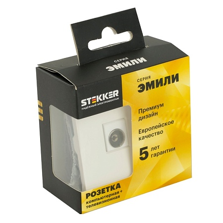 Розетка TV + компьютерная RJ-45 (механизм), STEKKER, серия Эмили, RST00-5106-01, белый фарфор, soft touch - фото