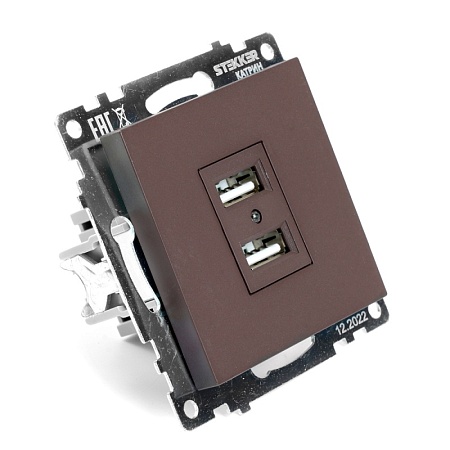 Розетка USB 2-местная (механизм), STEKKER GLS10-7115-04, 250B, 2,1А, серия Катрин, шоколад - фото