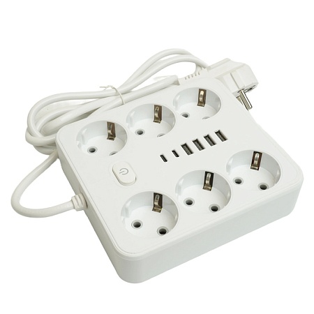 Удлинитель 6-местный c/з 3x1 мм2, 1,8 м, 250В, 10А, 4USB+2Type-C 2,4А, серия Home plus, белый STEKKER HM09-66-02 - фото