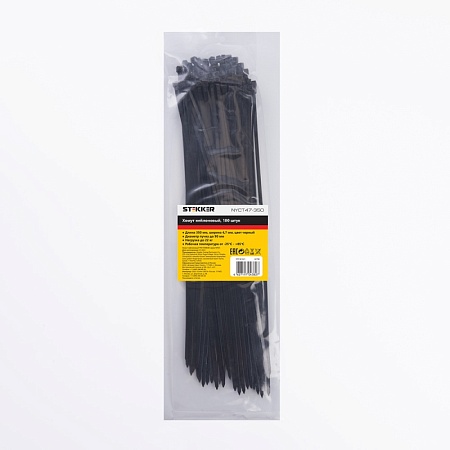 Хомут нейлоновый STEKKER NYCT47-350 4,7х350 мм, d пучка max 90 мм, нагрузка 22кг, черный, упаковка 100 шт - фото
