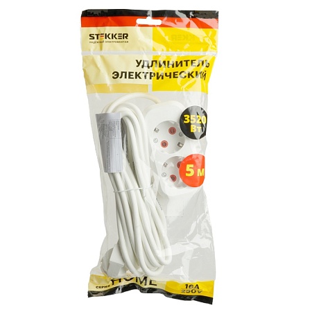 Удлинитель двухместный с/з  STEKKER HM06-21-05 3x1мм2, 5м, серия Home (У10-001), белый - фото