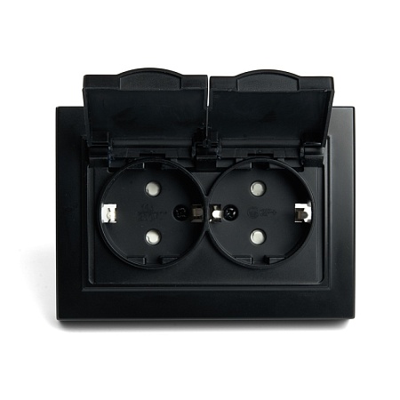 Розетка 2-местная с/з с крышкой, STEKKER, PST16-9015-03, 250В, 16А, серия Эрна, черный - фото