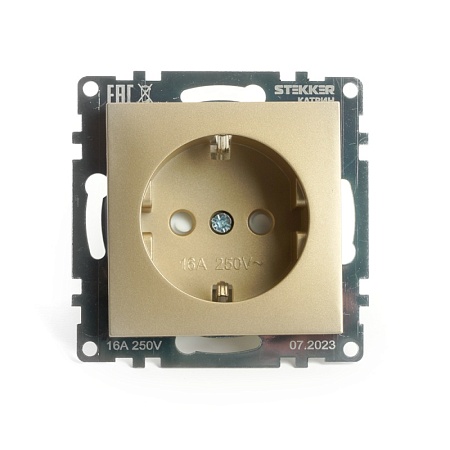 Розетка 1-местная с защитной шторкой с/з (механизм), STEKKER, GLS16-7110-08, 250В, 16А, серия Катрин, золото - фото
