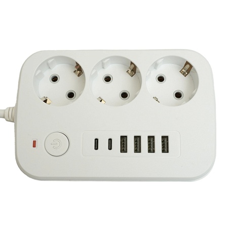 Удлинитель 3-местный c/з 3x1 мм2, 1,8 м, 250В, 10А, 4USB+2Type-C 2,4А, серия Home plus, белый STEKKER HM09-36-02 - фото