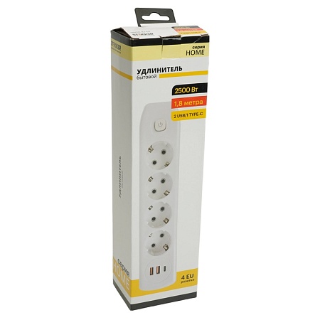 Удлинитель 4-местный c/з 3x1 мм2, 1,8 м, 250В, 10А, 2USB+1Type-C 2,4А, серия Home plus, белый STEKKER HM08-43-02 - фото