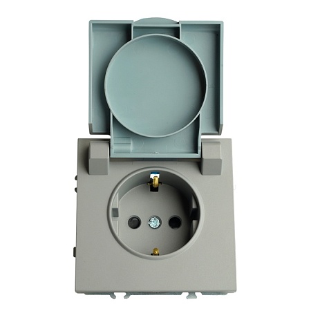 Розетка 1-местная с крышкой с защ. штор, STEKKER, с/з, 250В, 16А, серия Эмили, RST16-5112-10, платиново-серый, soft touch - фото