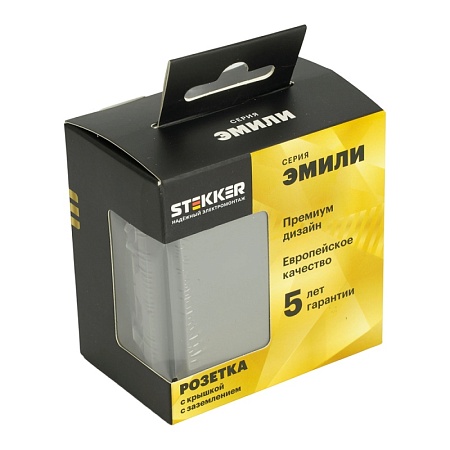 Розетка 1-местная с крышкой с защ. штор, STEKKER, с/з, 250В, 16А, серия Эмили, RST16-5112-10, платиново-серый, soft touch - фото