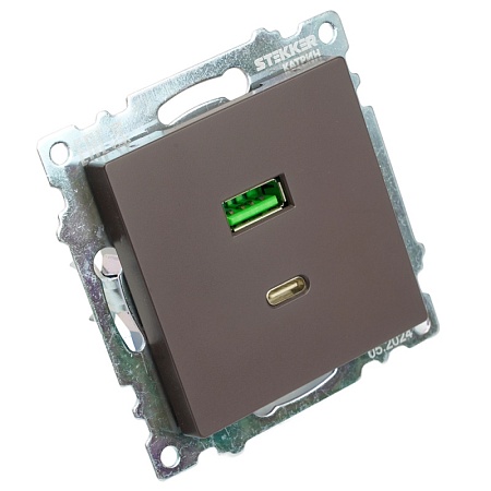 Розетка 2-местная USB + type C, STEKKER GLS10-7116-04, 250В, 3А, max 20W,серия Катрин, шоколад - фото