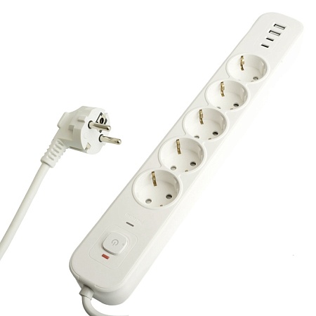 Сетевой фильтр 5-местный с/з STEKKER3x1мм2, 1,8 м, 250В, 16А, 2 USB-A+2 Type-C, серия Nova, белый - фото
