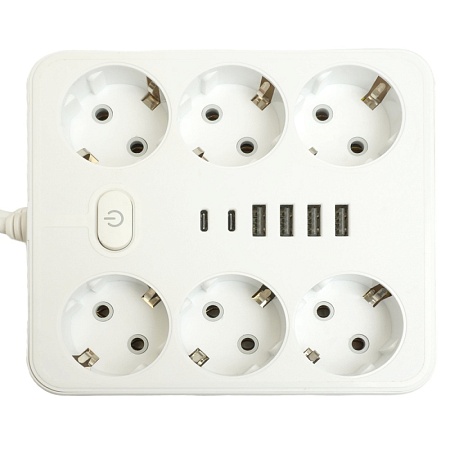 Удлинитель 6-местный c/з 3x1 мм2, 1,8 м, 250В, 10А, 4USB+2Type-C 2,4А, серия Home plus, белый STEKKER HM09-66-02 - фото