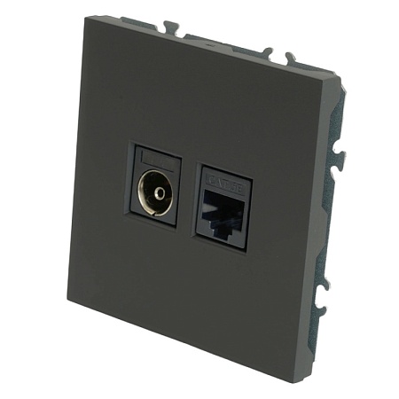 Розетка TV + компьютерная RJ-45 (механизм), STEKKER, RST00-5106-05, серия Эмили, черный уголь, soft touch - фото