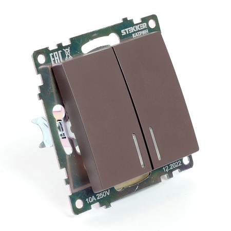 Выключатель 2-клавишный c индикатором (механизм), STEKKER GLS10-7102-04, 250В, 10А, серия Катрин, шоколад - фото