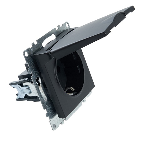 Розетка 1-местная с/з с крышкой (механизм), STEKKER GLS16-7112-05, 250В, 16А с защитной шторкой, серия Катрин, черный - фото