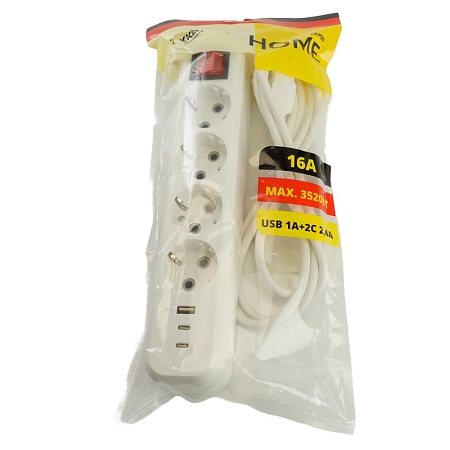 Удлинитель 4-местный с/з с выключ. STEKKER HM071-41-03 3x1мм2, 3м, 250В, 16А, 1USB+2C, 2.4A, сер Home, белый - фото