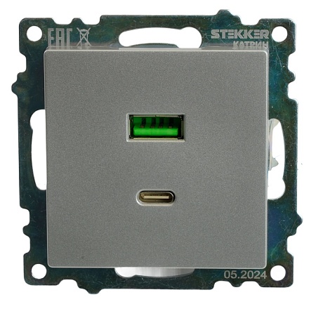 Розетка 2-местная USB + type C (механизм)), STEKKER GLS10-7116-03 , 250B, 3А, max 20W, серия Катрин, серебро - фото