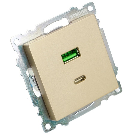 Розетка 2-местная USB + type C (механизм), 250В, 3А, max 20W, STEKKER, GLS10-7116-08, серия Катрин, золото - фото
