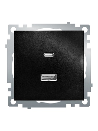 Розетка 2-местная USB + type C (механизм), STEKKER GLS10-7116-05, 250B, 3А, серия Катрин, черный - фото