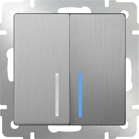 Выключатель двухклавишный проходной с подсветкой cеребряный рифленый WL09-SW-2G-2W-LED - фото