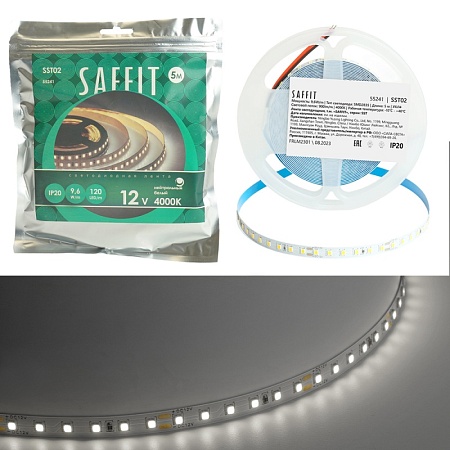 SST02 SAFFIT 120SMD(2835)/м 9.6Вт/м 12V 5000*8*1.22мм 4000К, IP20 - фото