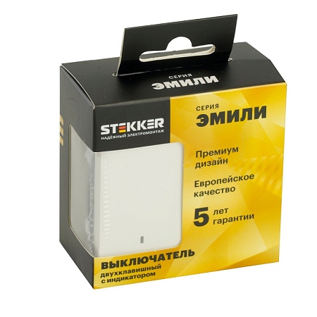 Выключатель 2-клавишный c индикатором (механизм), STEKKER, 250В, 10А, серия Эмили, RSW10-5102-01, белый фарфор, soft touch - фото