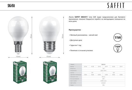 Лампа светодиодная SAFFIT SBG4511 Шарик E14 11W 230V 2700K - фото
