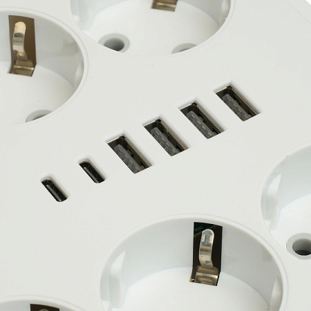 Удлинитель 6-местный c/з 3x1 мм2, 1,8 м, 250В, 10А, 4USB+2Type-C 2,4А, серия Home plus, белый STEKKER HM09-66-02 - фото