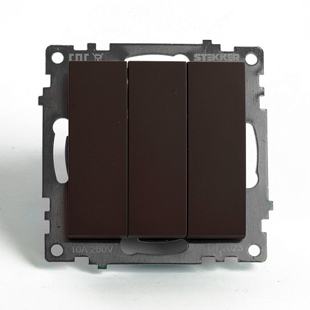 Выключатель 3-клавишный (механизм), STEKKER GLS10-7108-04, 250V, 10А, серия Катрин, шоколад - фото